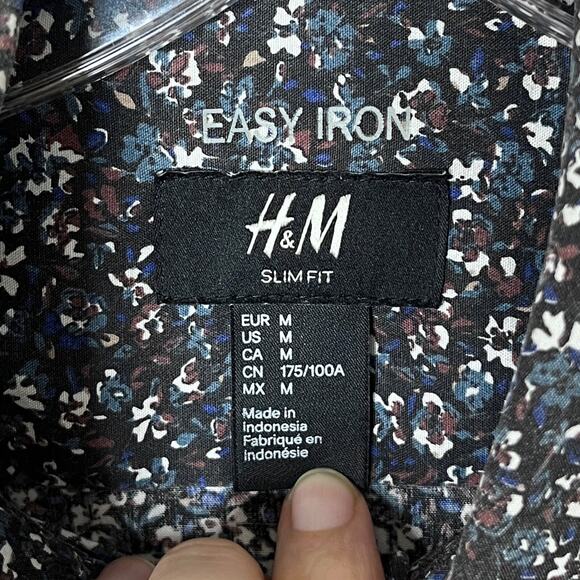 H&M Women's Button Up Shirt M Blue Floral Print Easy Iron Slim Fit Long Sleeve - Picture 7 of 8